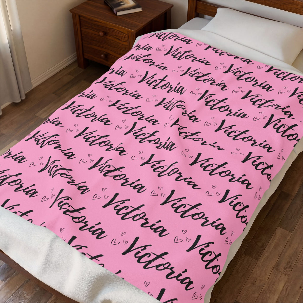 Victoria Heart Pink Personalized Name Velveteen Plush Blanket