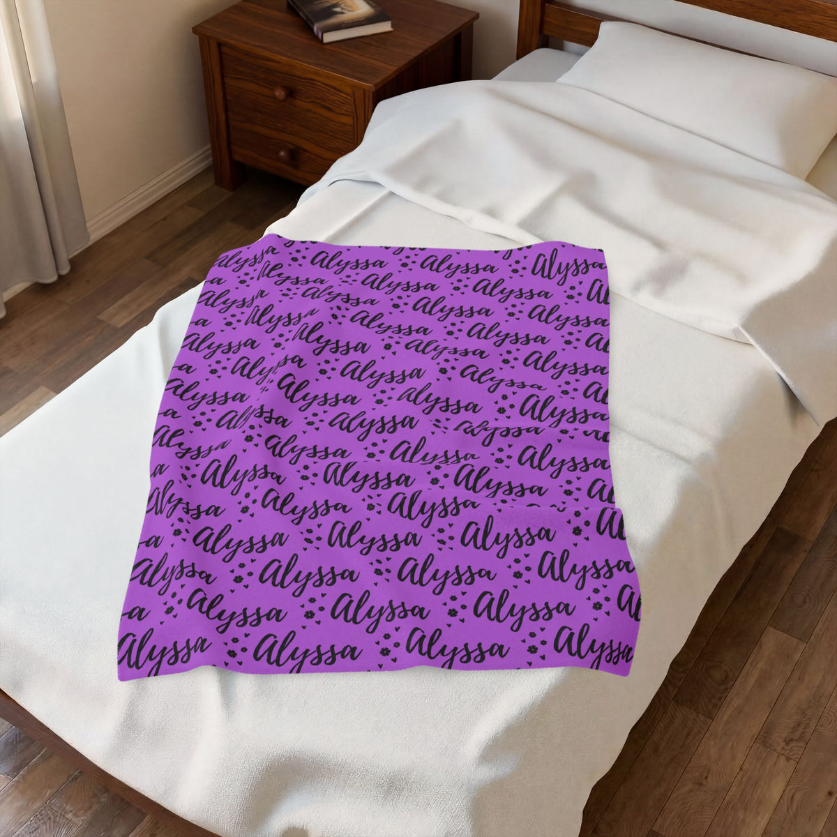 Alyssa Flowers & Hearts Purple Personalized Name Velveteen Plush Blanket