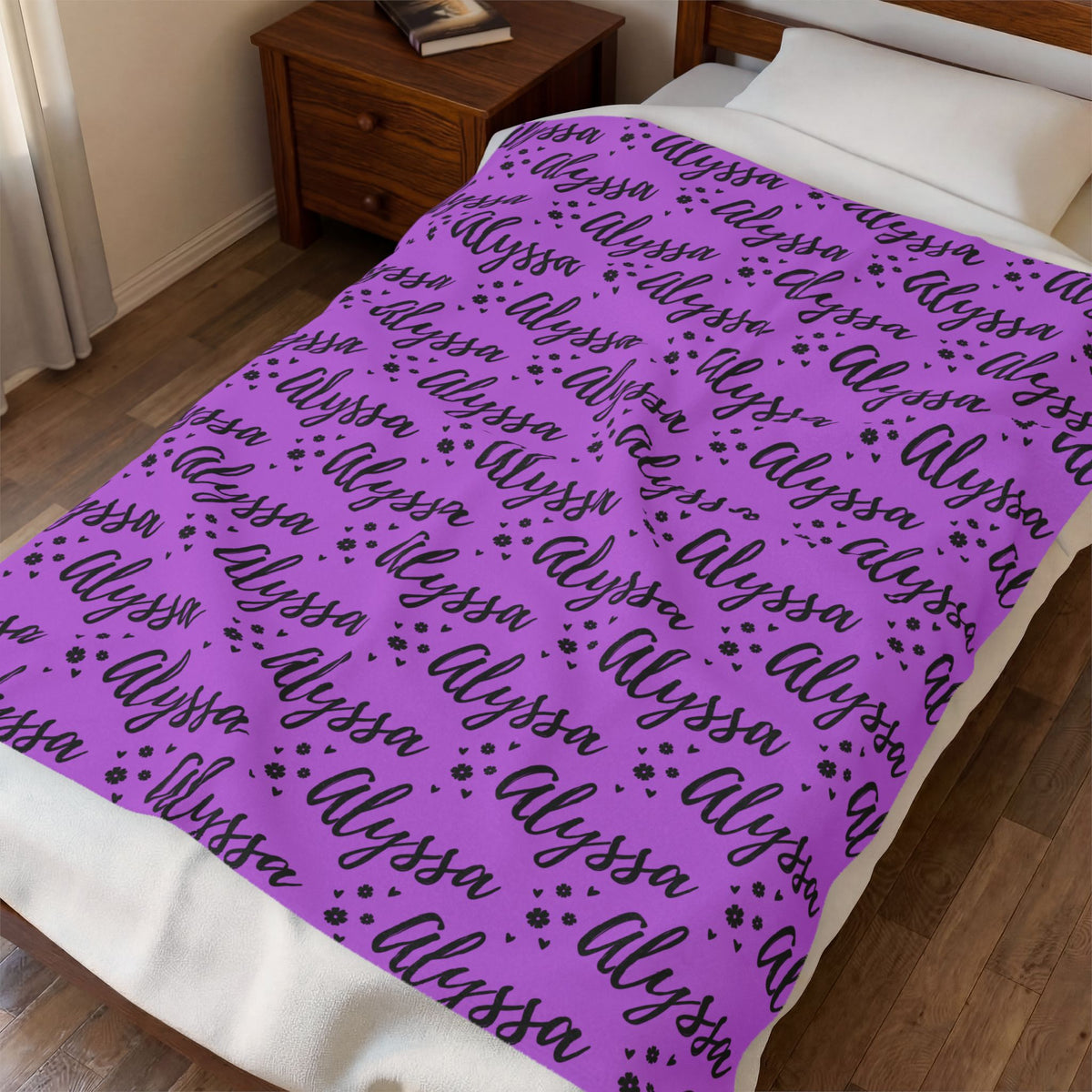 Alyssa Flowers & Hearts Purple Personalized Name Velveteen Plush Blanket