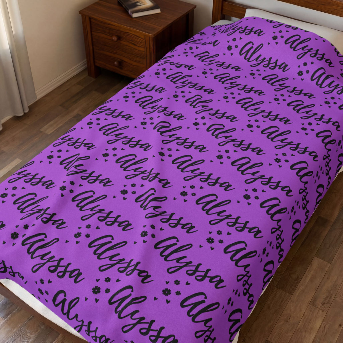 Alyssa Flowers & Hearts Purple Personalized Name Velveteen Plush Blanket