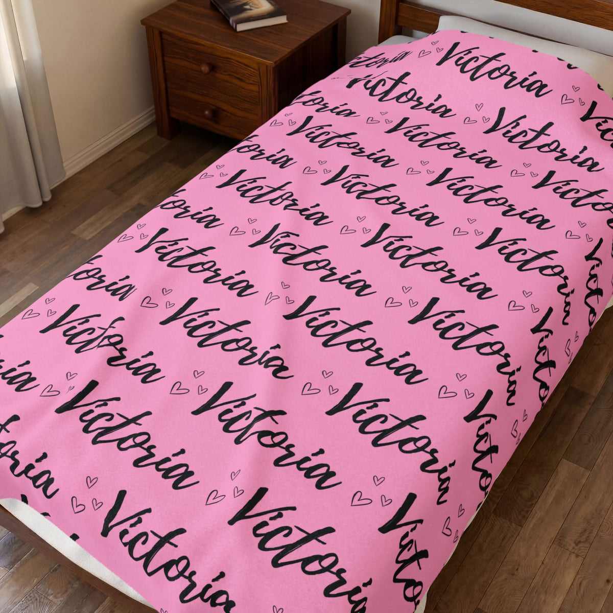 Victoria Heart Pink Personalized Name Velveteen Plush Blanket